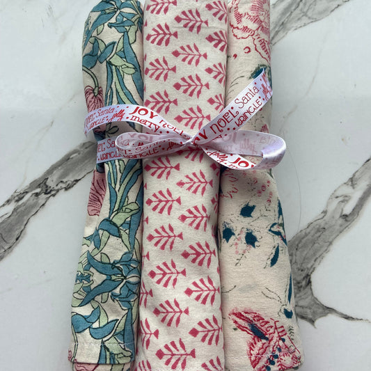 Cotton Tea Towels 3 floral pinks and green