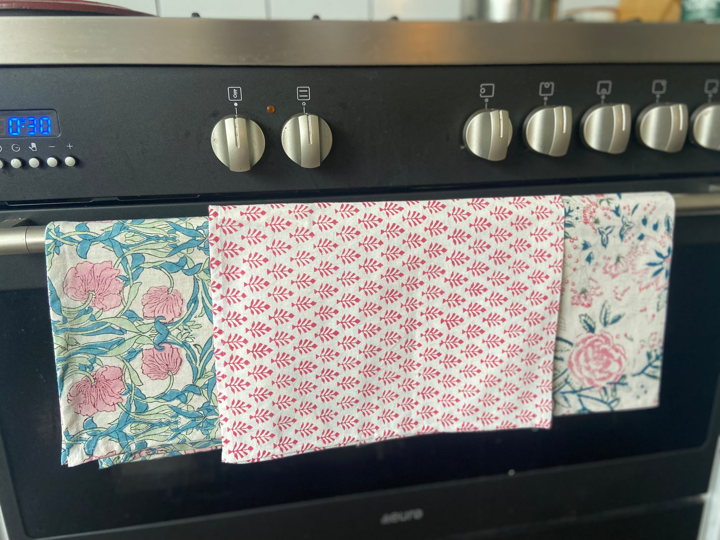 Cotton Tea Towels 3 floral pinks and green