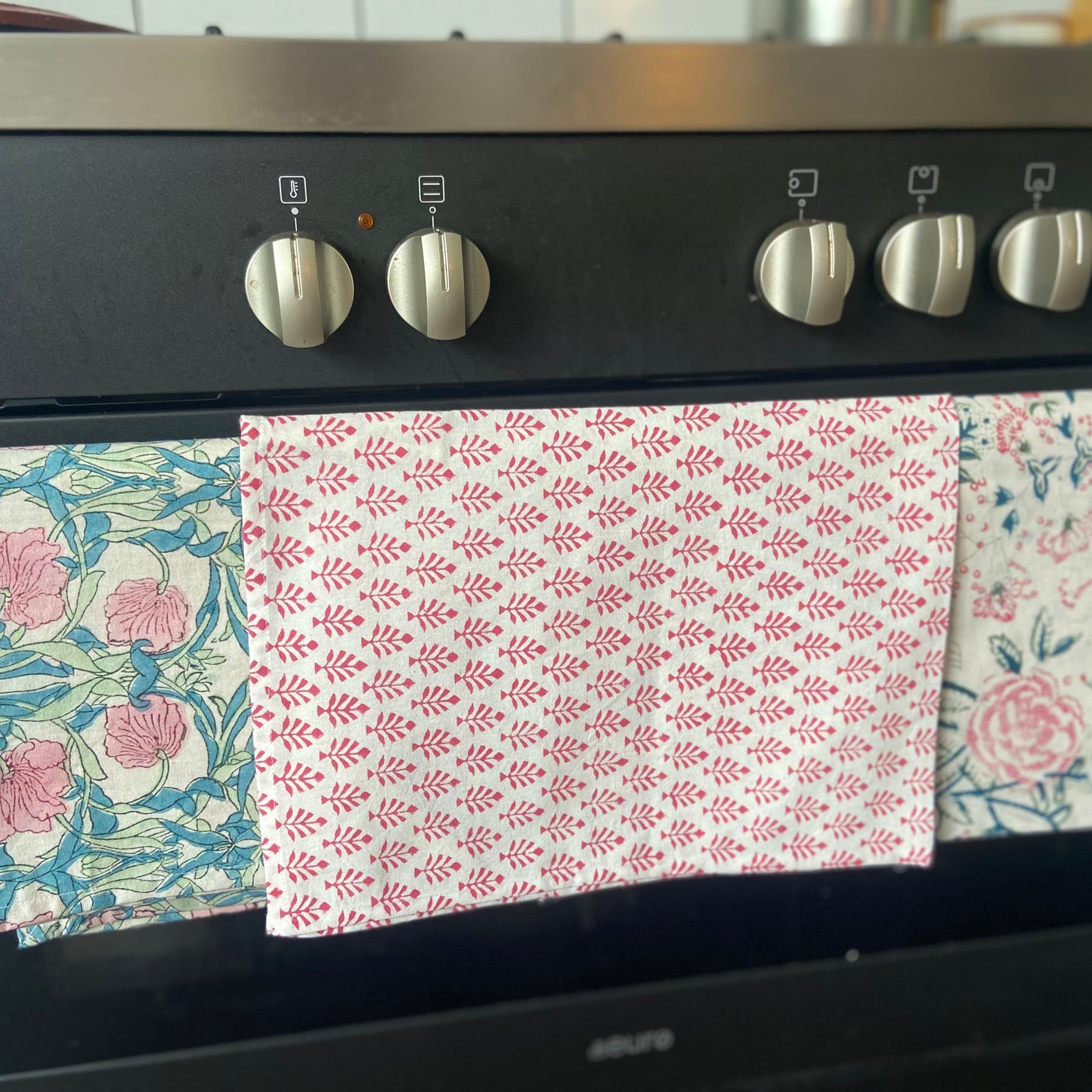 Cotton Tea Towels 3 floral pinks and green
