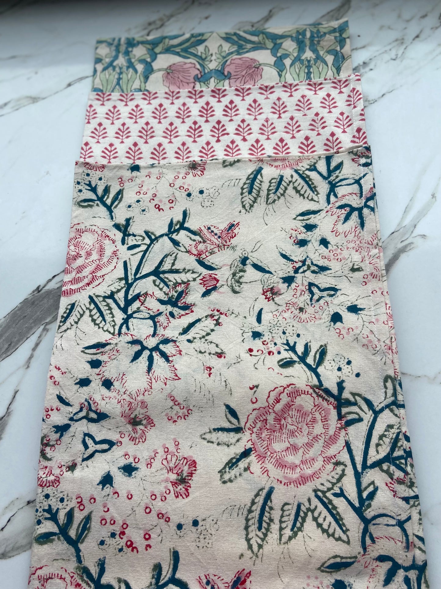 Cotton Tea Towels 3 floral pinks and green