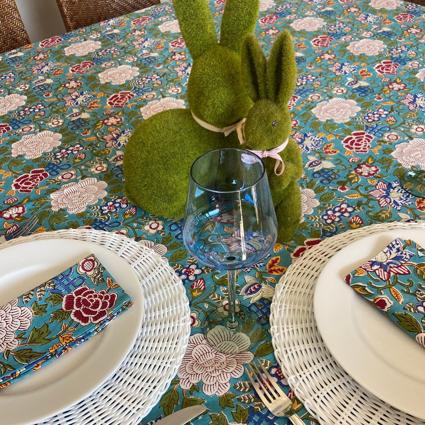 Block Printed Cotton Table Cloth Floral Canvas Blue Jade (220cm x 220cm)