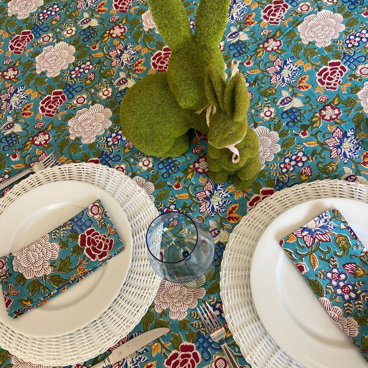 Block Printed Cotton Napkin Floral Blue Jade