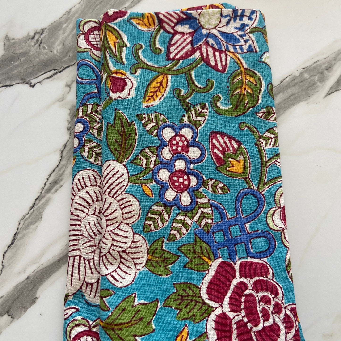 Block Printed Cotton Napkin Floral Blue Jade