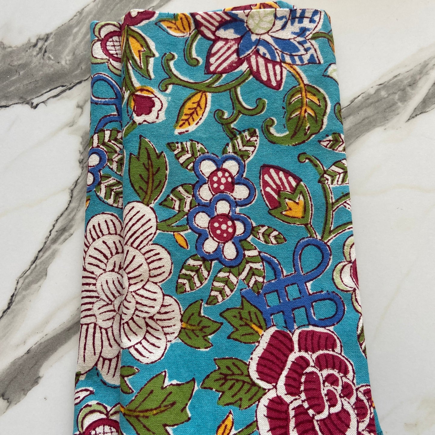 Block Printed Cotton Table Cloth Floral Canvas Blue Jade (220cm x 220cm)