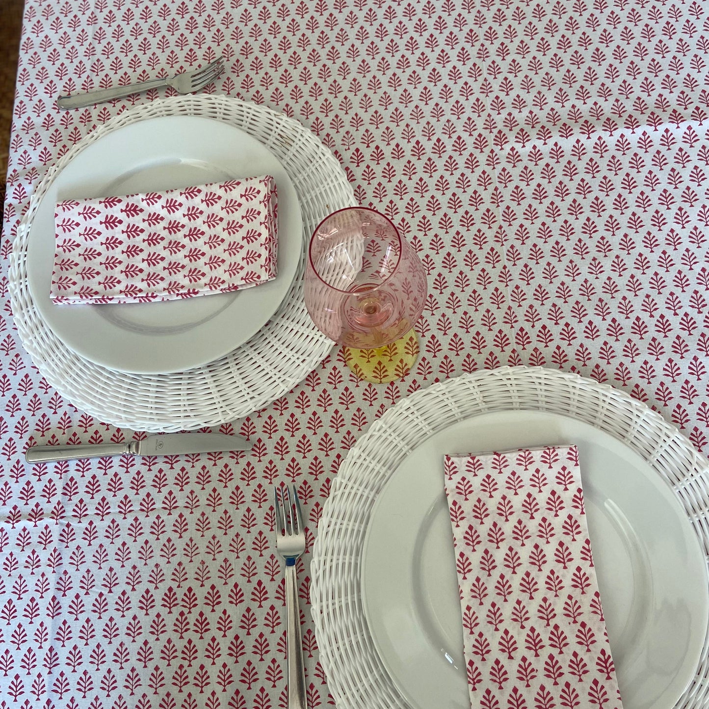 Block Printed Cotton Table Cloth Raspberry Neem (180cm x 270cm)