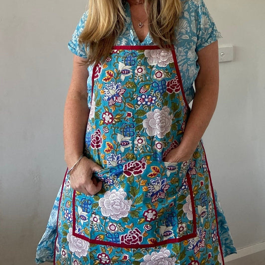 Apron Floral Jade Blue Block Printed Cotton