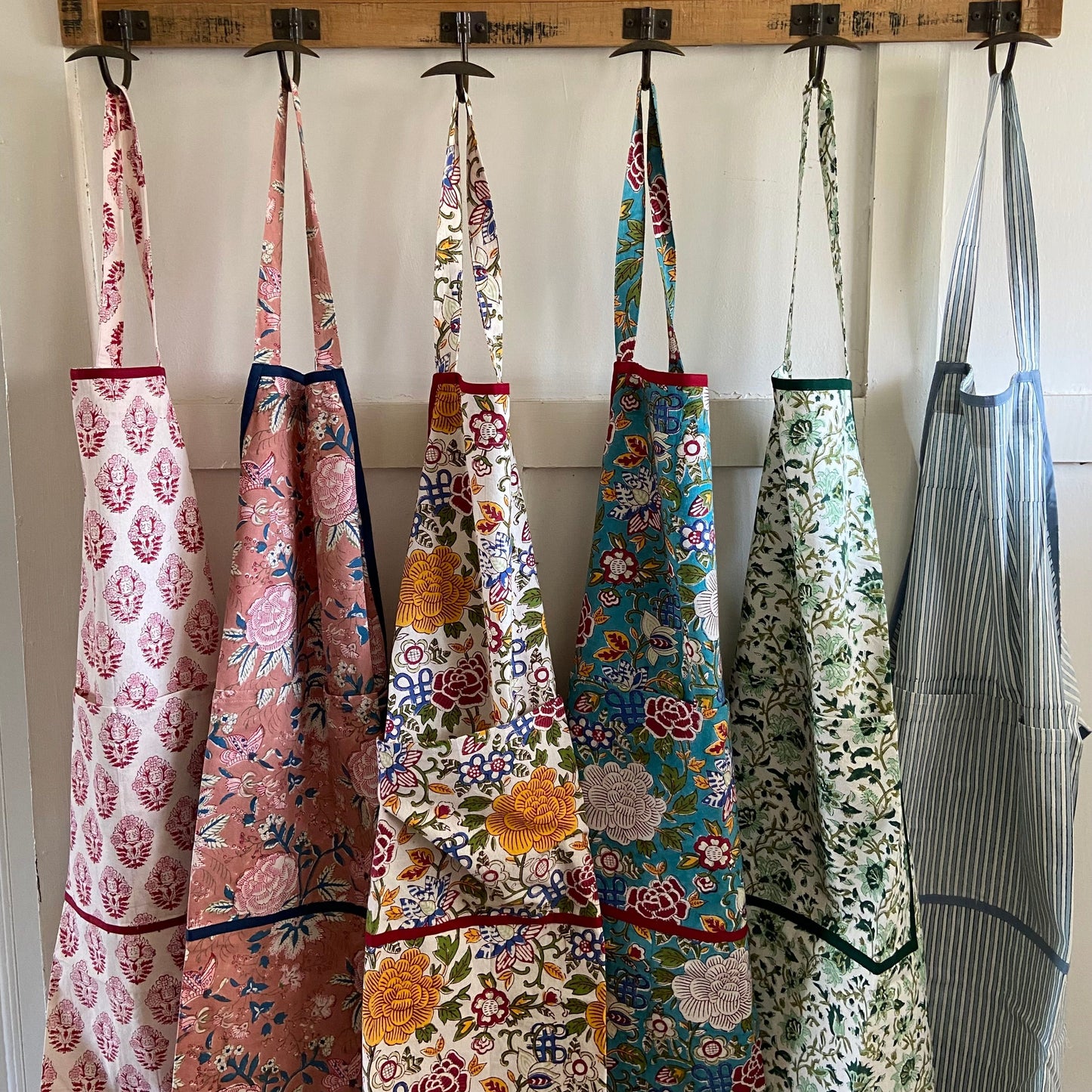 Apron Floral Jade Blue Block Printed Cotton