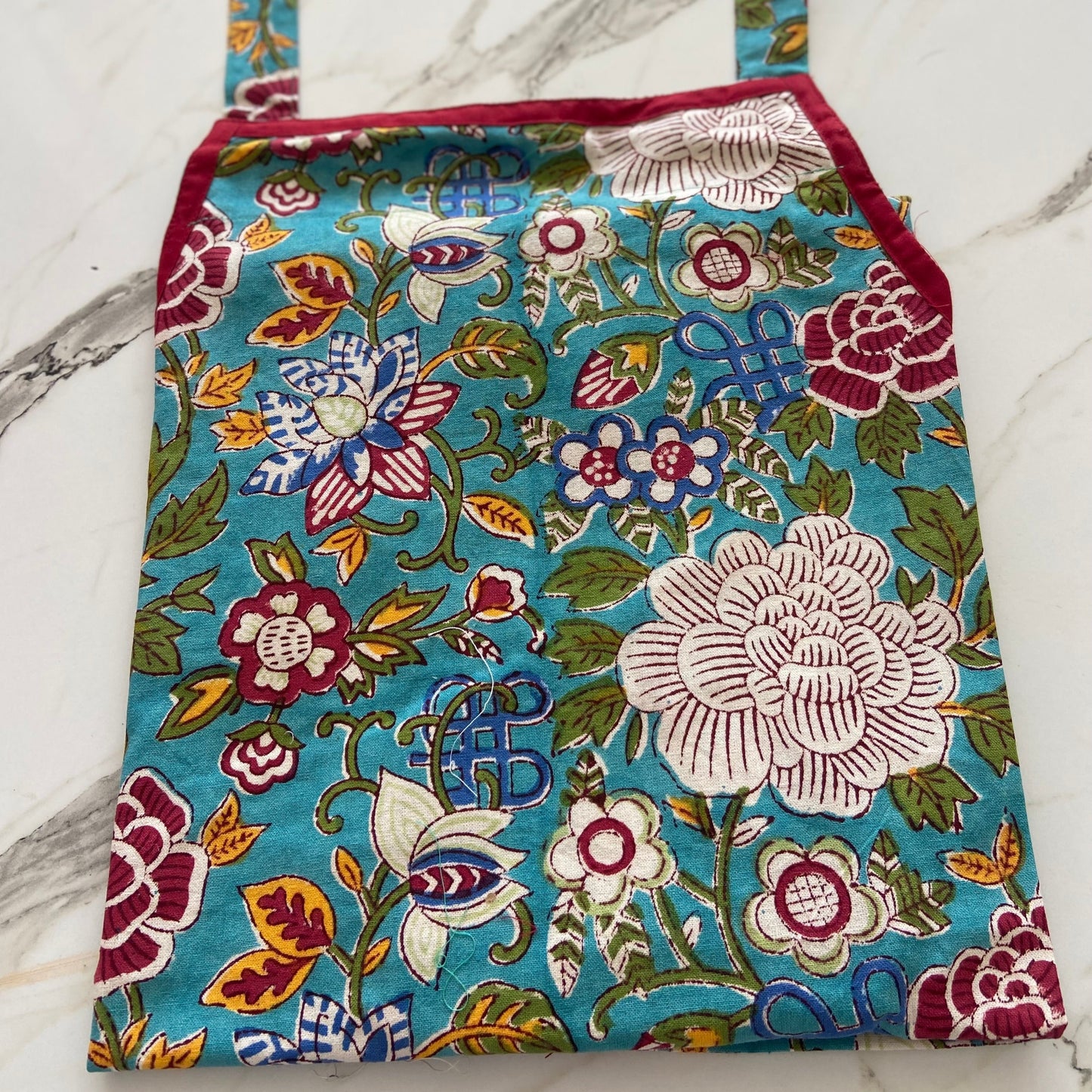 Apron Floral Jade Blue Block Printed Cotton