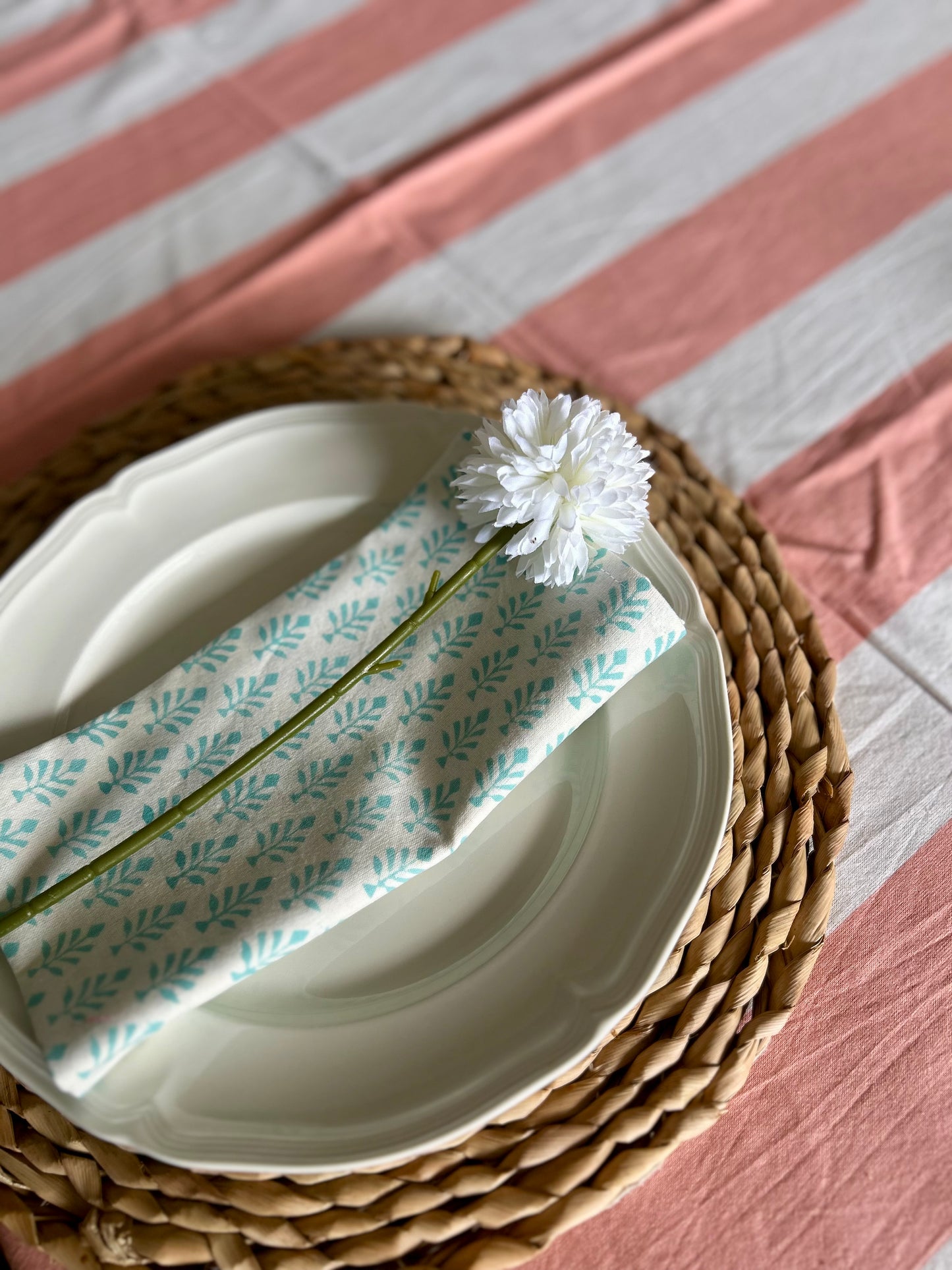 Block printed table cloths Apricot and white