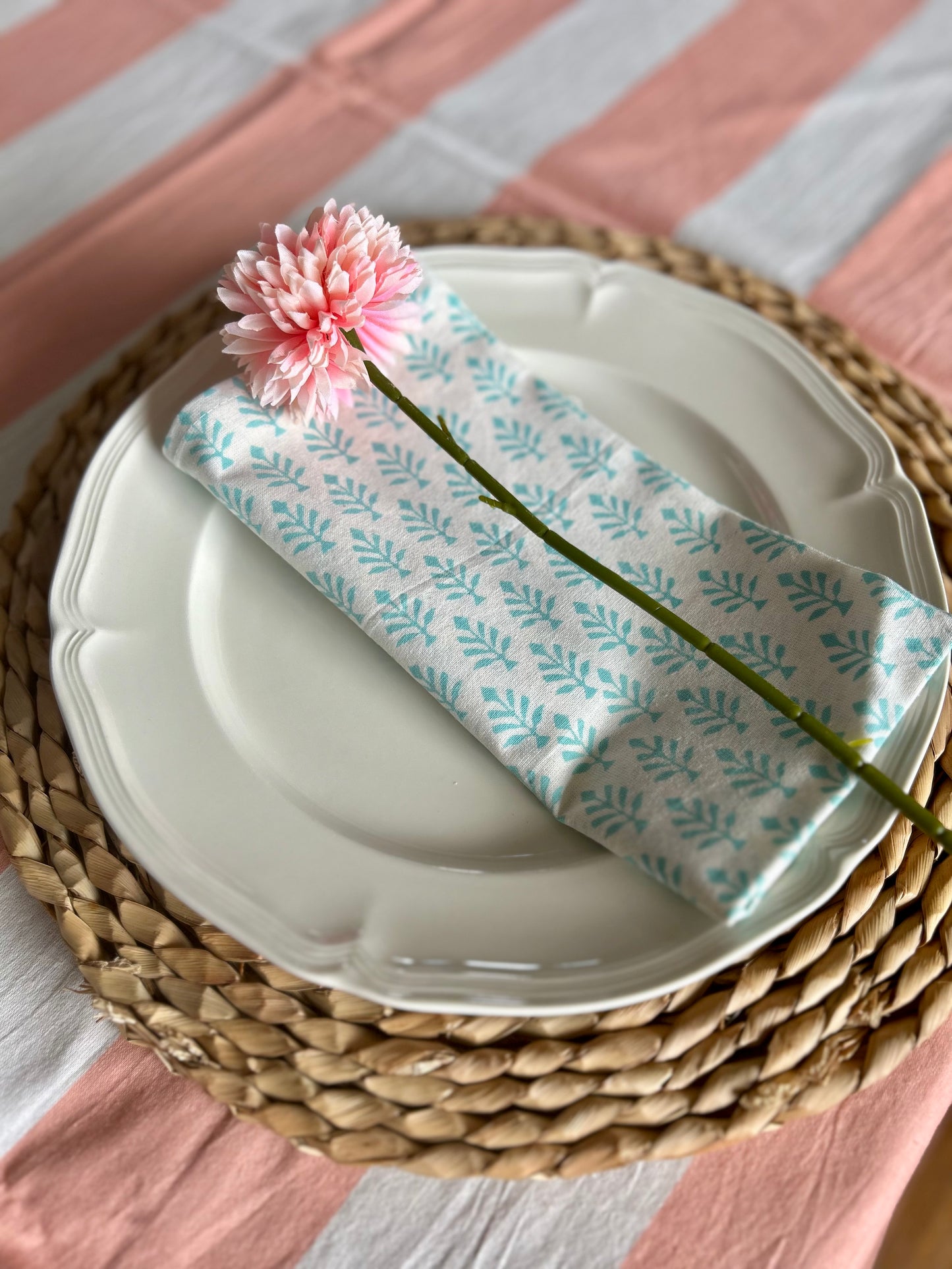 Block printed table cloths Apricot and white