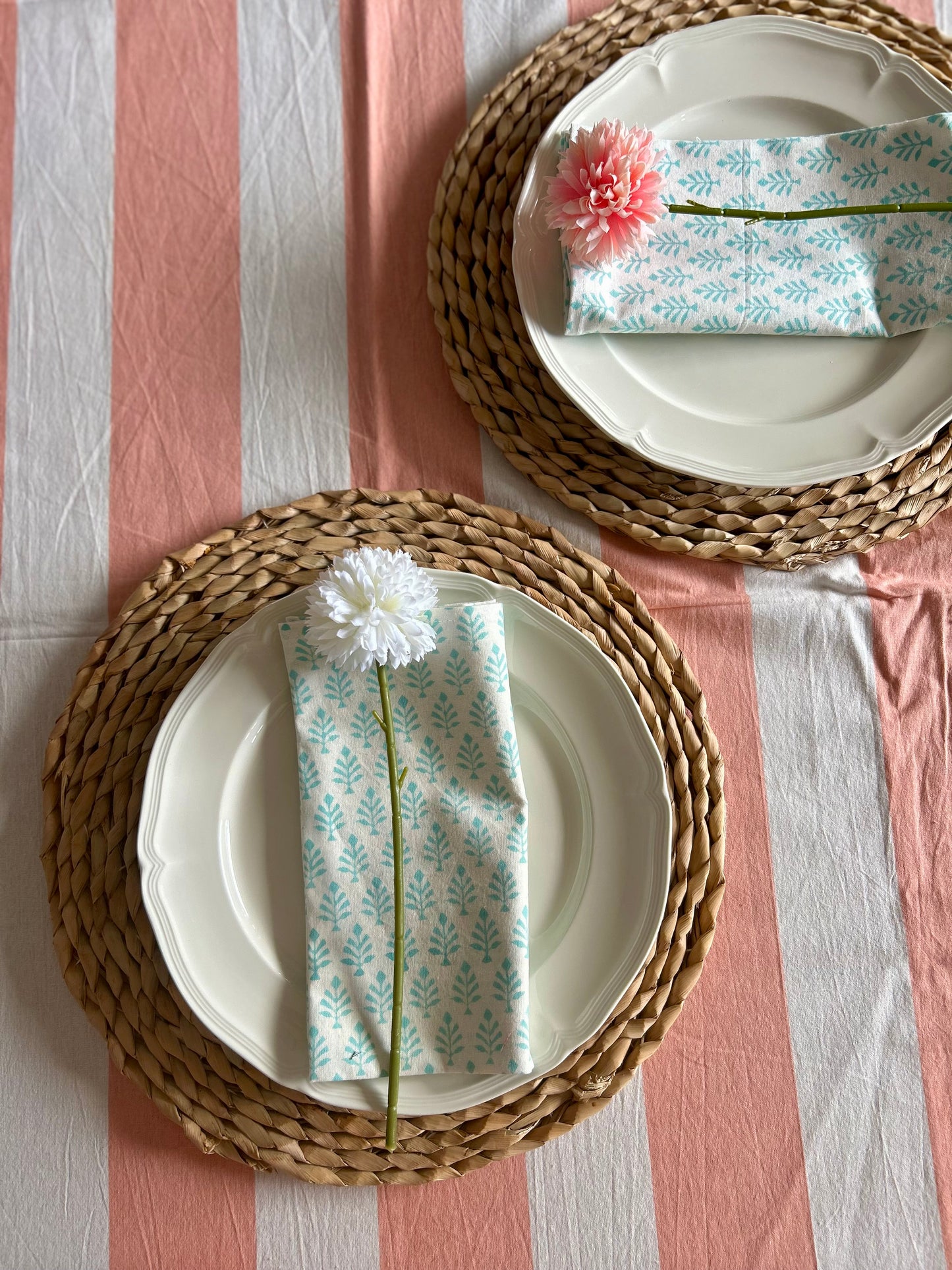 Block printed table cloths Apricot and white