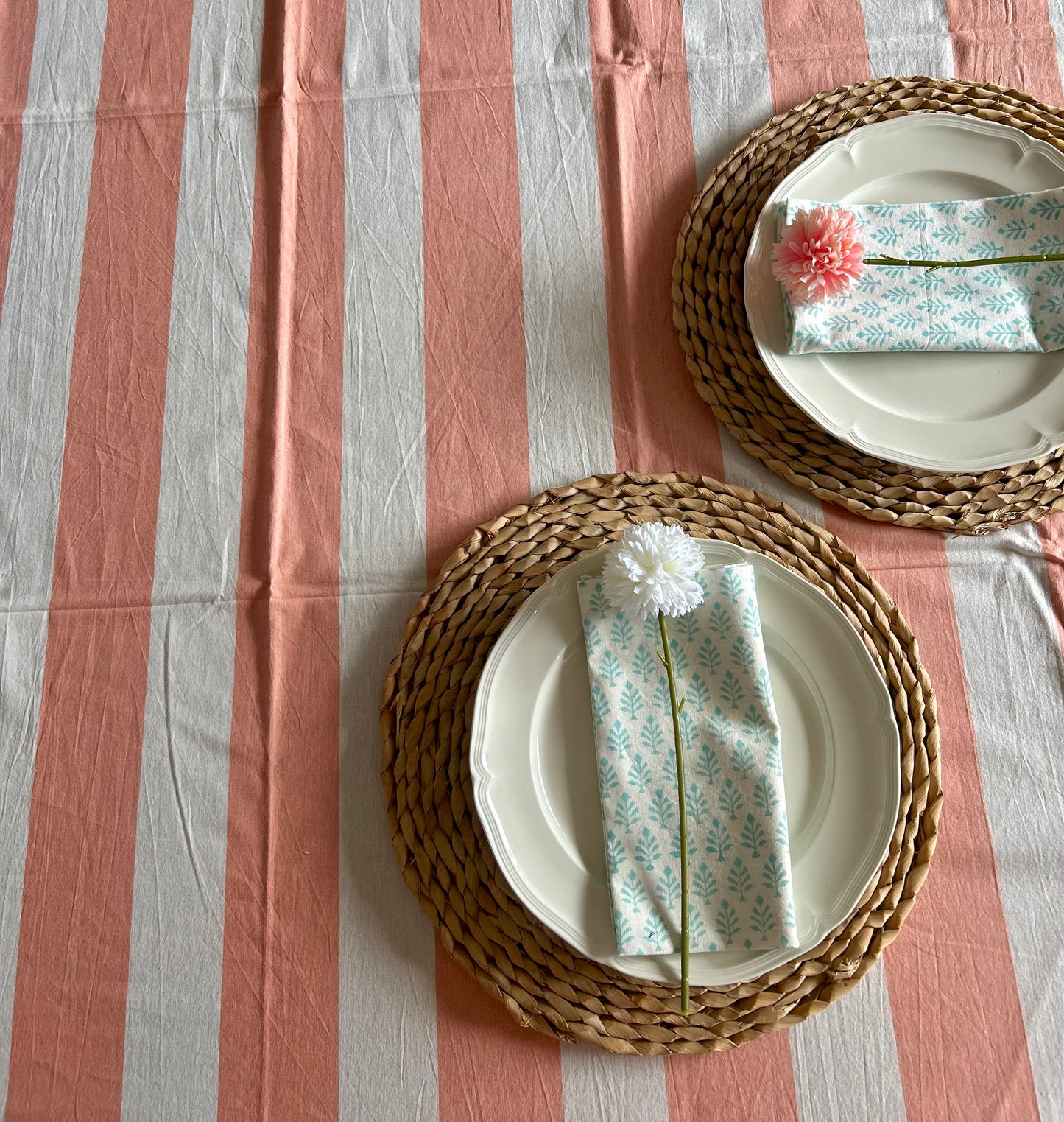 Block printed table cloths Apricot and white