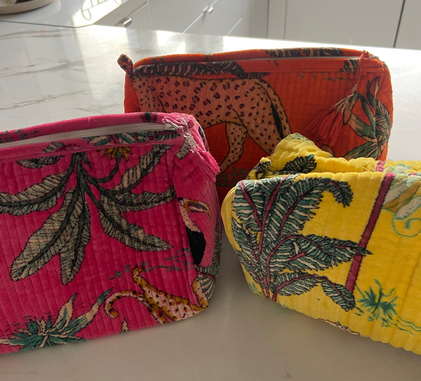 Block printed velvet cosmetic bag
