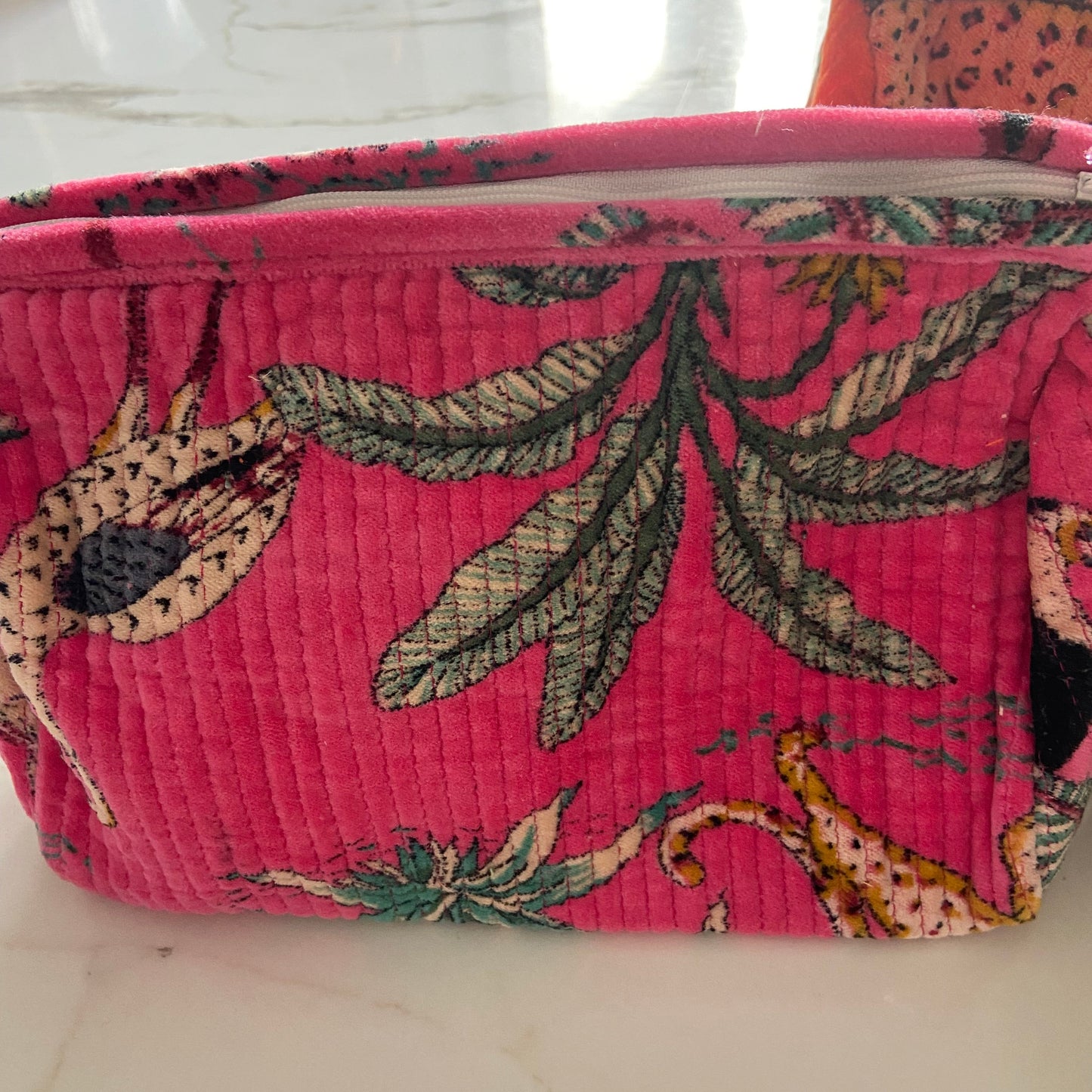 Block printed velvet cosmetic bag