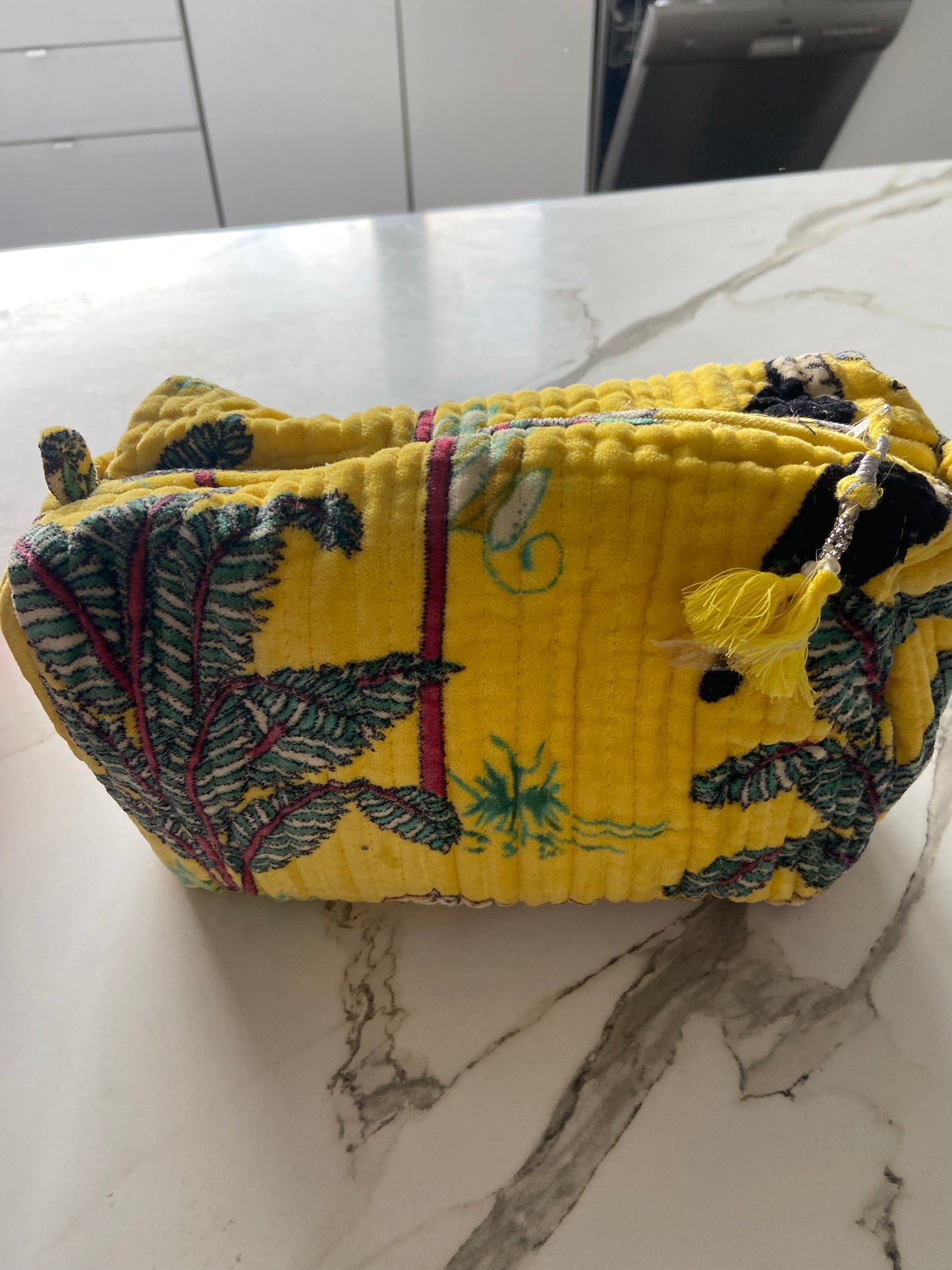 Block printed velvet cosmetic bag