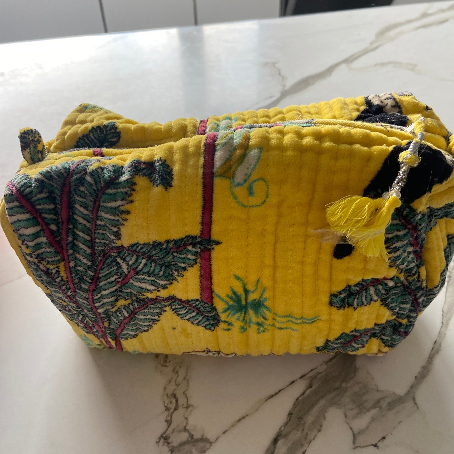 Block printed velvet cosmetic bag