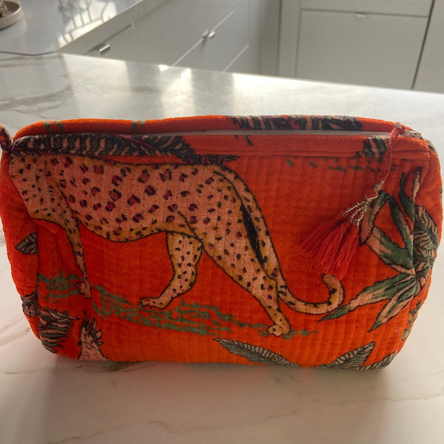 Block printed velvet cosmetic bag