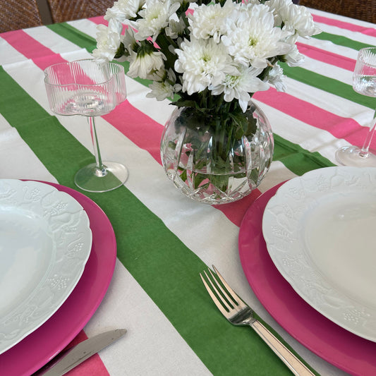 Green, Pink and  White stripe block print table cloth