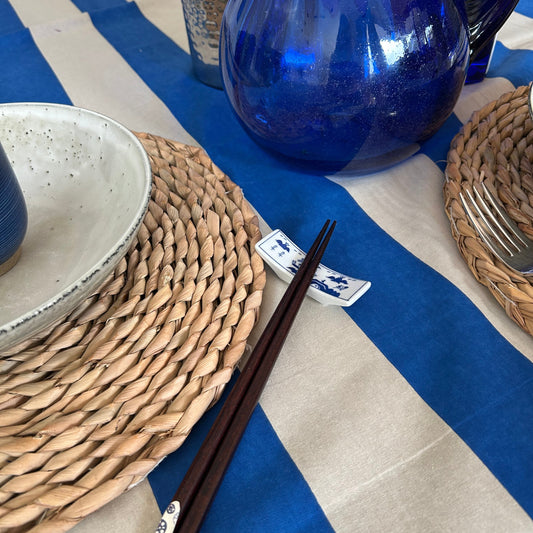 Royal Blue and latte stripe block print table cloth
