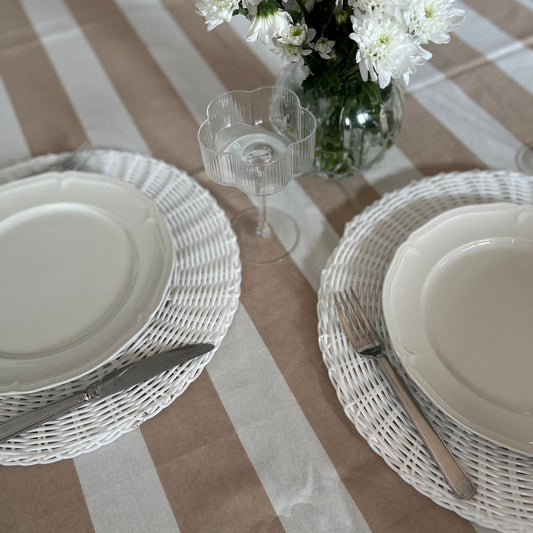 Beige and white stripe block print table cloth