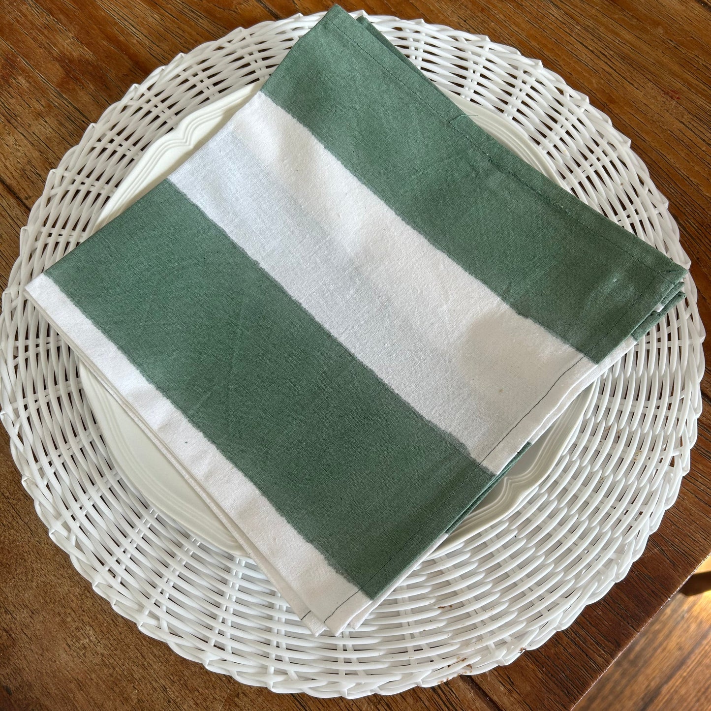 Hand Block Printed Cotton Napkin Olive Green and White striped