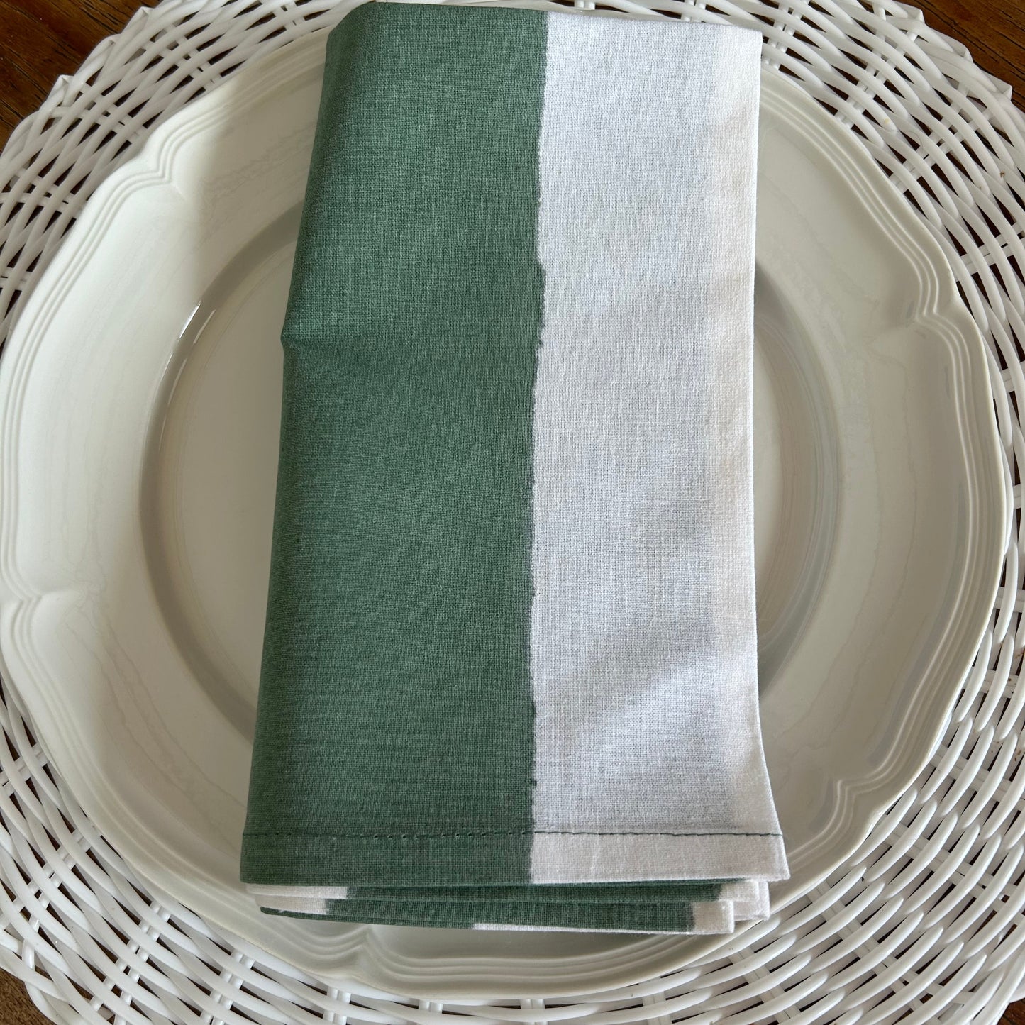 Hand Block Printed Cotton Napkin Olive Green and White striped