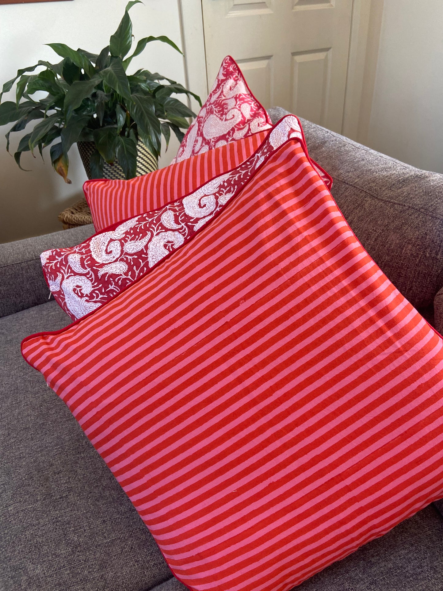 Pink and Red Striped Piping Cushions Covers (50X 50cm)