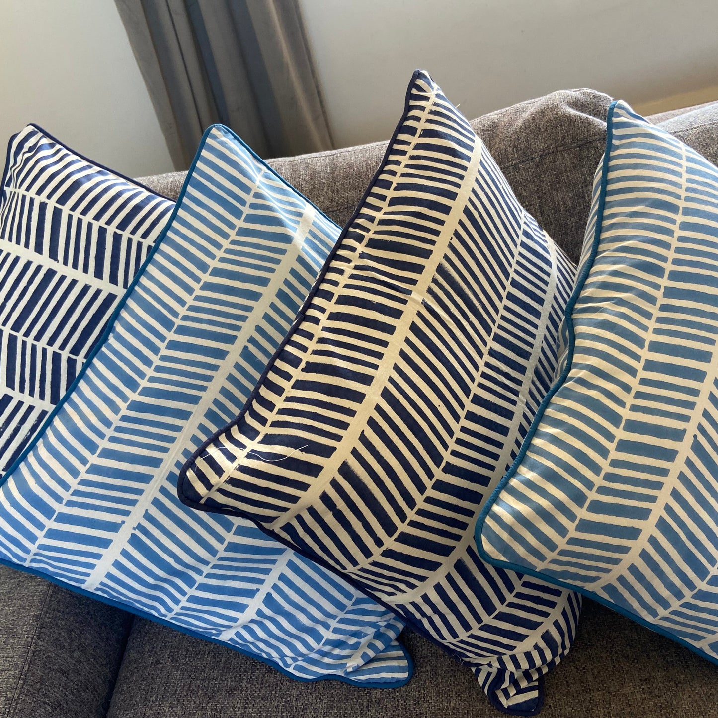 Herringbone Navy Blue Piping Cushions Covers (50X 50cm)