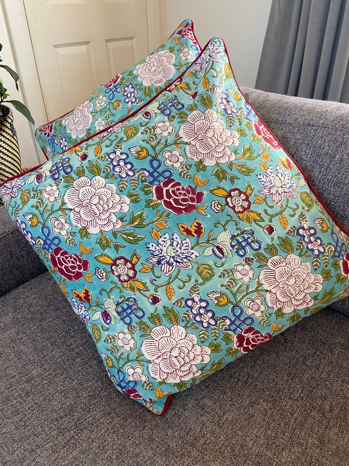 Floral Canvas Blue Jade Piping Cushions Covers (50X 50cm)