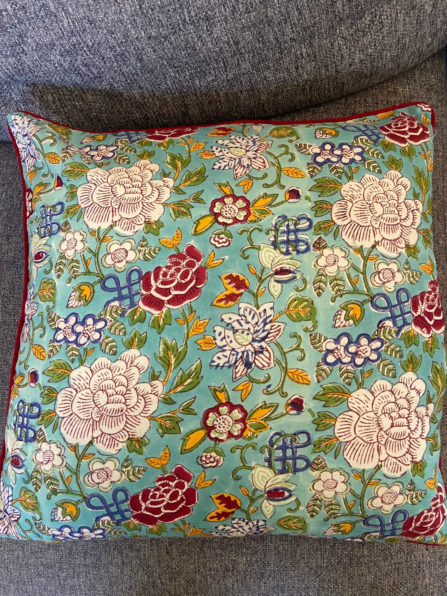 Floral Canvas Blue Jade Piping Cushions Covers (50X 50cm)