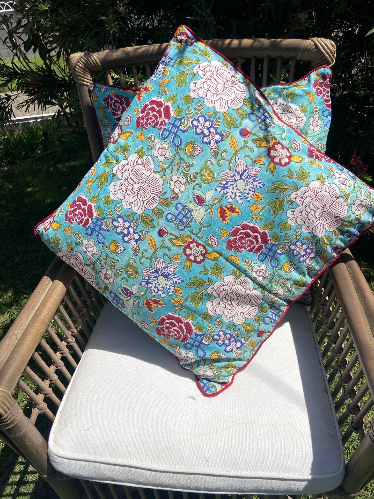 Floral Canvas Blue Jade Piping Cushions Covers (50X 50cm)