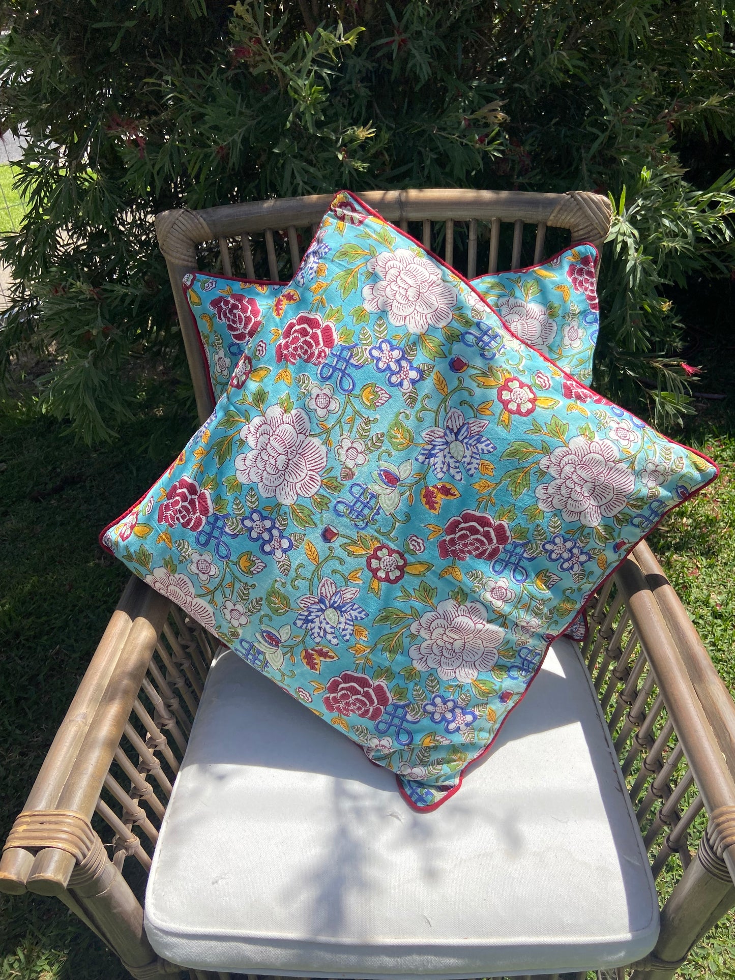 Floral Canvas Blue Jade Piping Cushions Covers (50X 50cm)