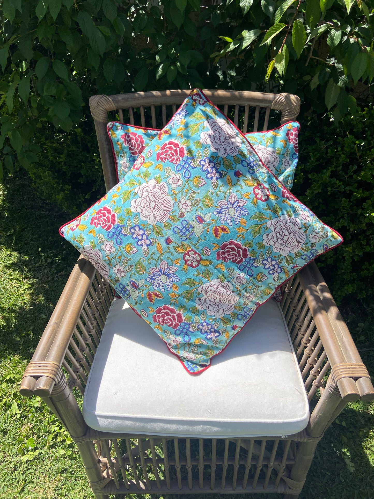 Floral Canvas Blue Jade Piping Cushions Covers (50X 50cm)