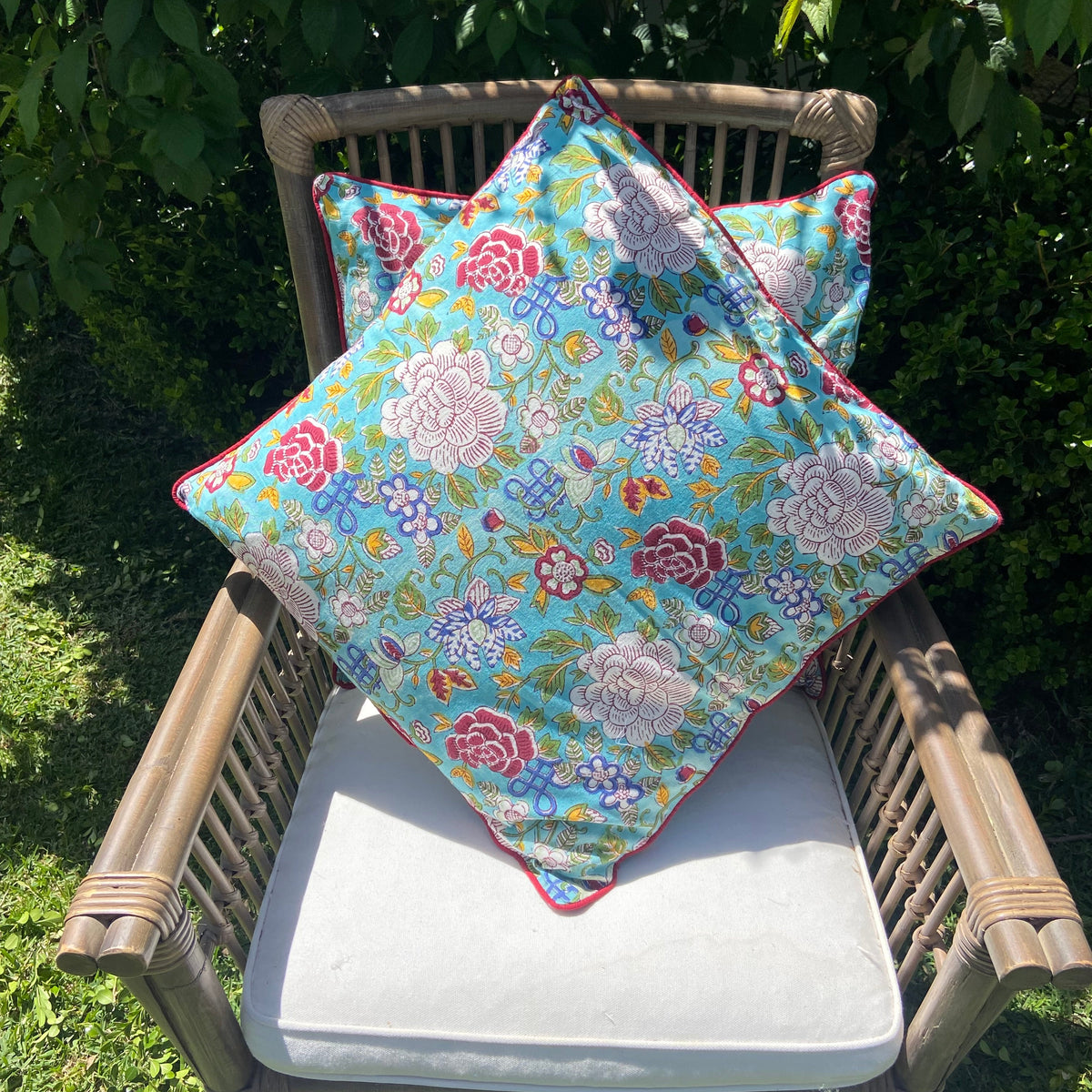 Floral Canvas Blue Jade Piping Cushions Covers (50X 50cm)