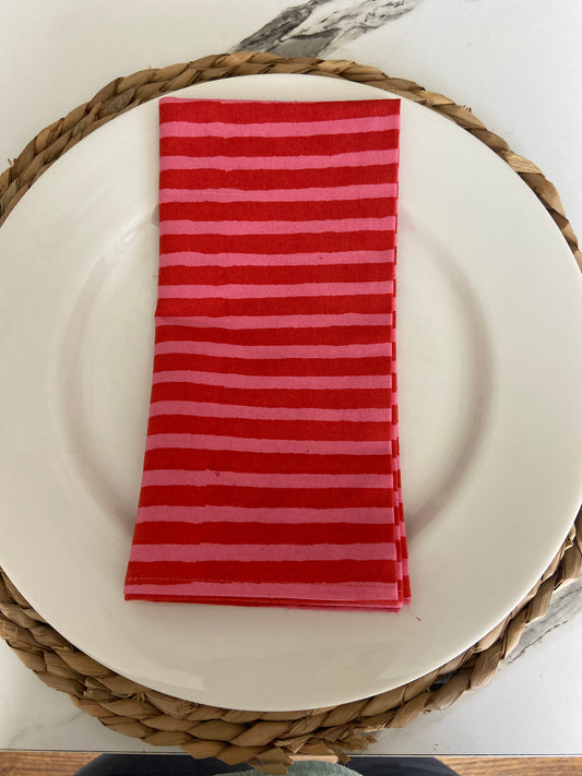 Hand Block Printed Cotton Napkin (pink and red stripe)