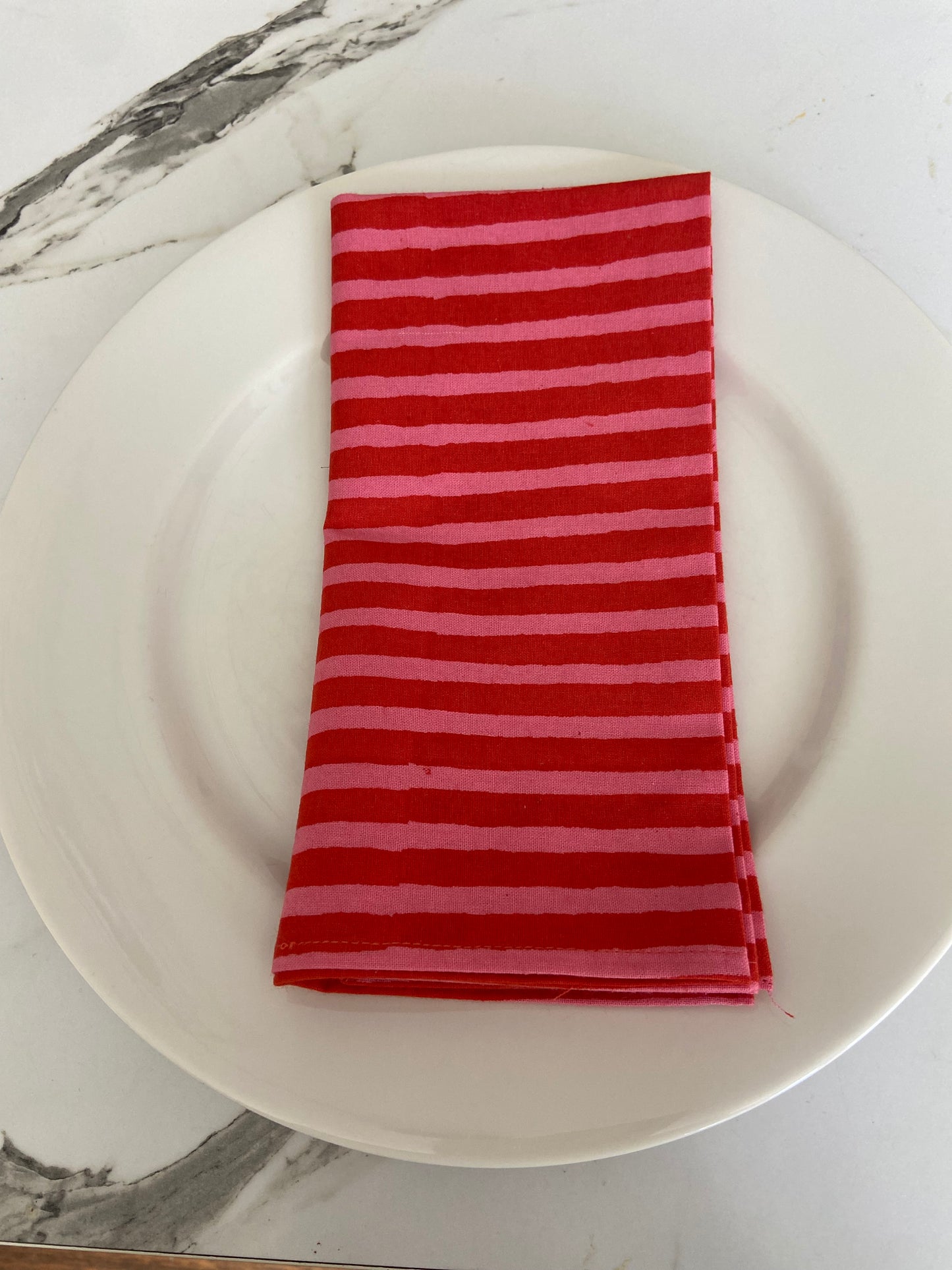 Hand Block Printed Cotton Napkin (pink and red stripe)