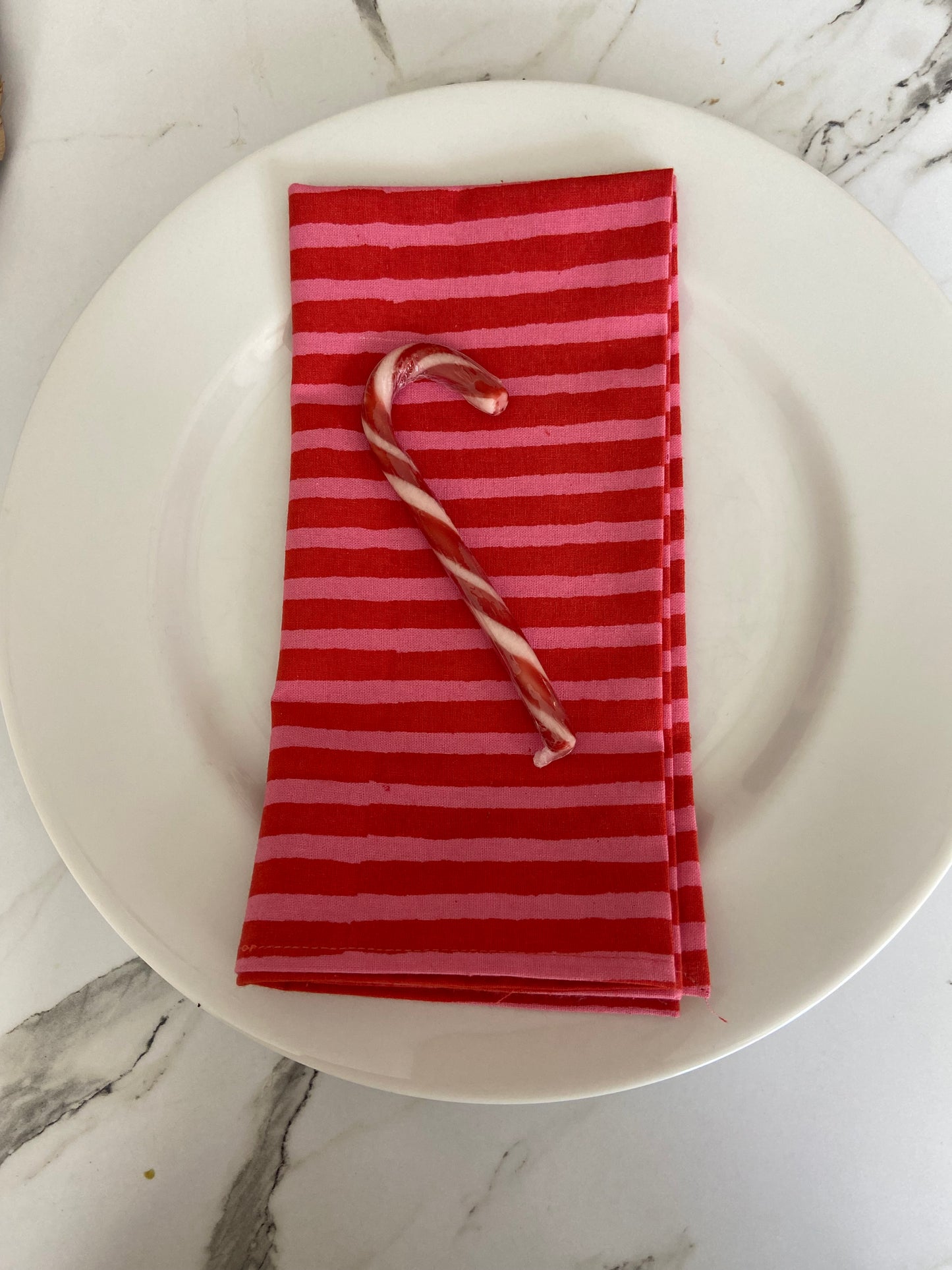 Hand Block Printed Cotton Napkin (pink and red stripe)
