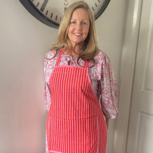 Apron Red and Pink stripe Block Printed Cotton