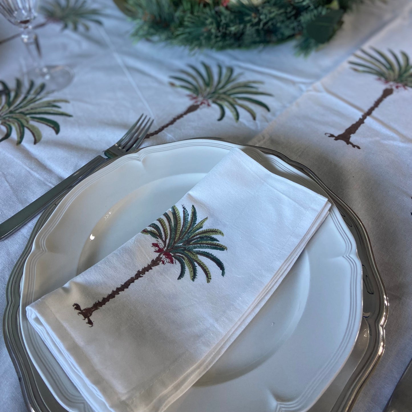 Hand Block Printed Cotton Napkin Palm Tree Green