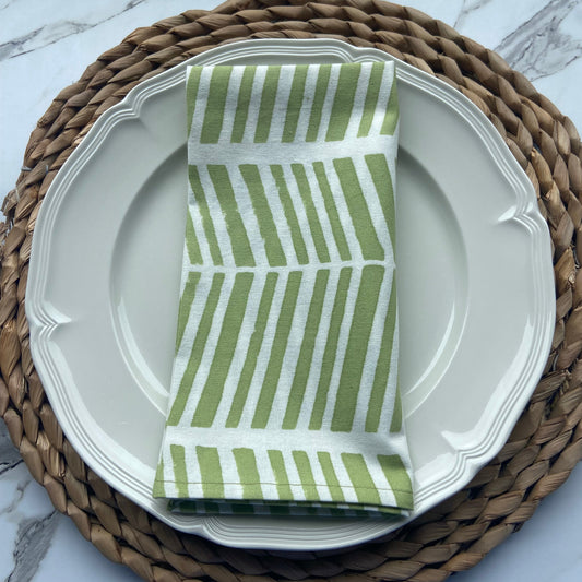 Hand Block Printed Cotton Napkin Green and White Herringbone