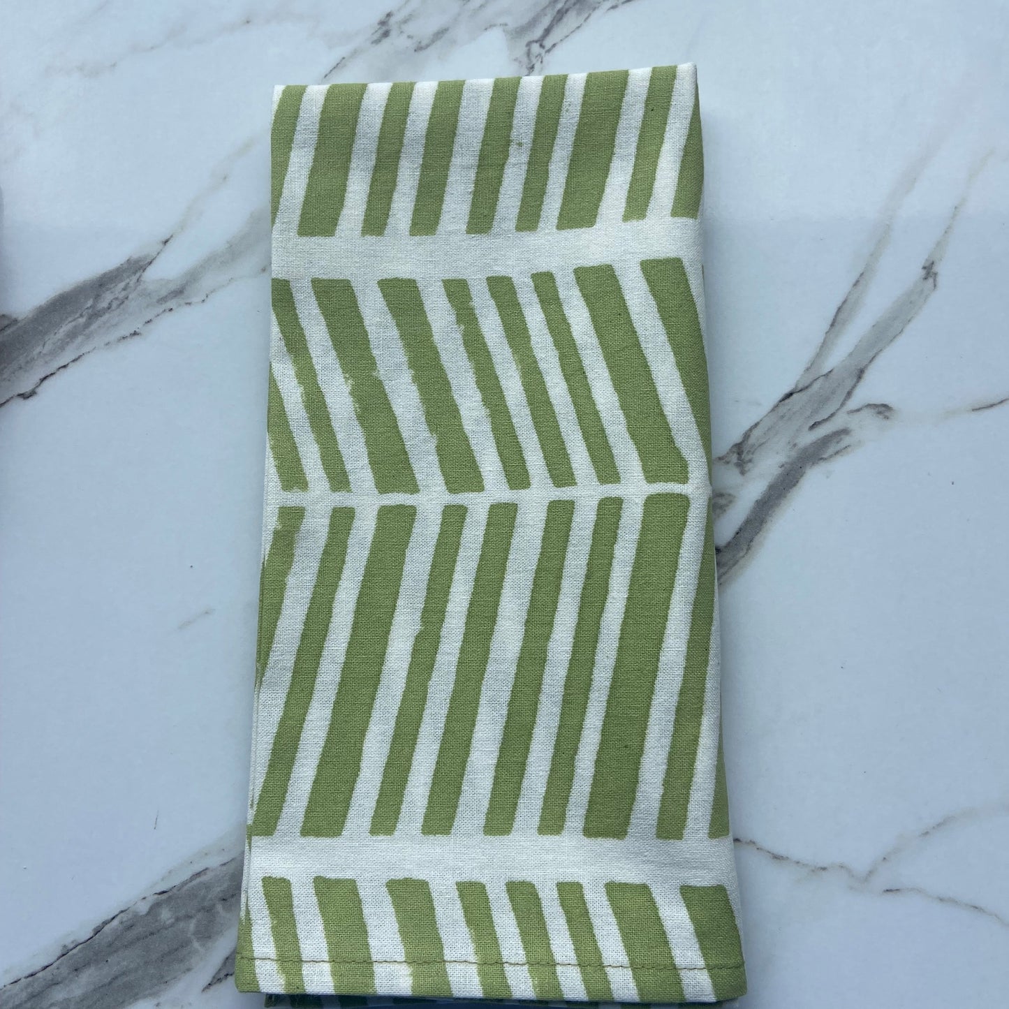 Hand Block Printed Cotton Napkin Green and White Herringbone
