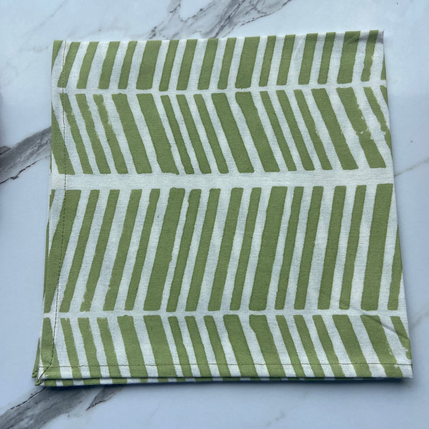 Herringbone Green and White Block Printed Cotton Tablecloth 150 X 220cm