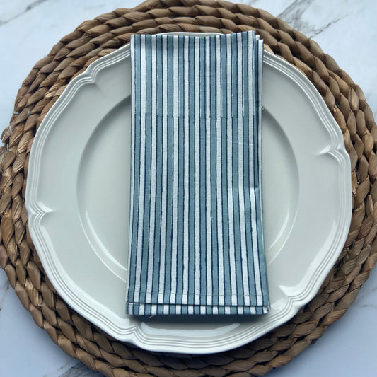 Block Printed Cotton Napkin Pinstripe blue and grey