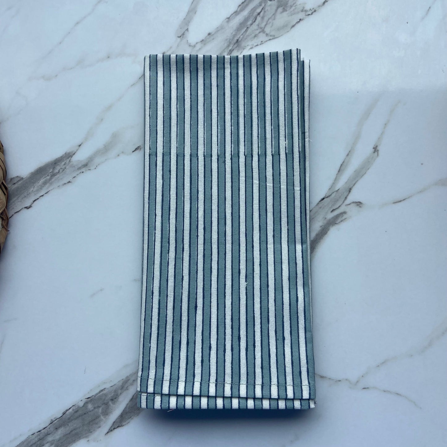 Block Printed Cotton Napkin Pinstripe blue and grey