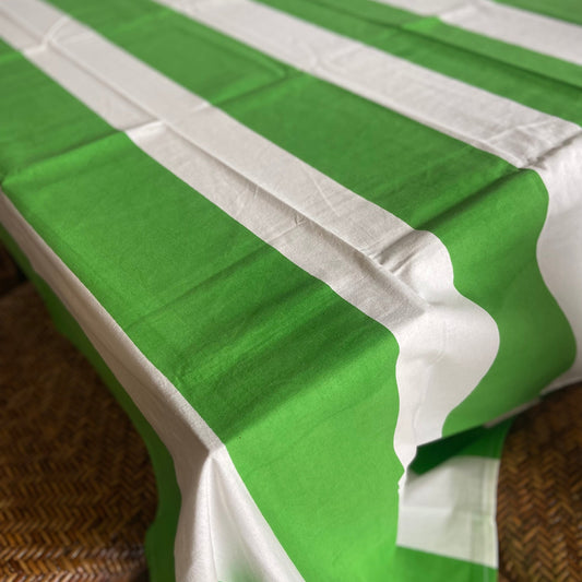 Big Stripe Green and White  Block Printed Cotton Tablecloth 150 X 220cm