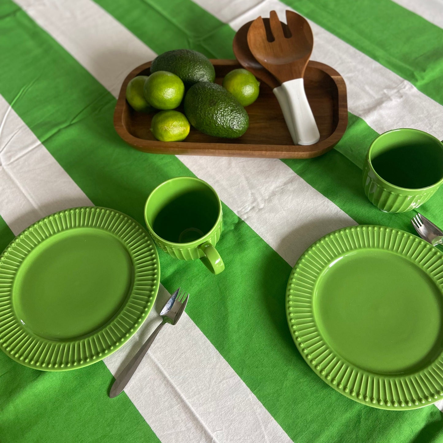 Big Stripe Green and White  Block Printed Cotton Tablecloth 150 X 220cm