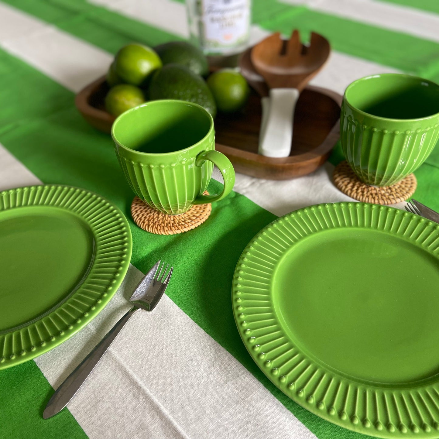 Big Stripe Green and White  Block Printed Cotton Tablecloth 150 X 220cm