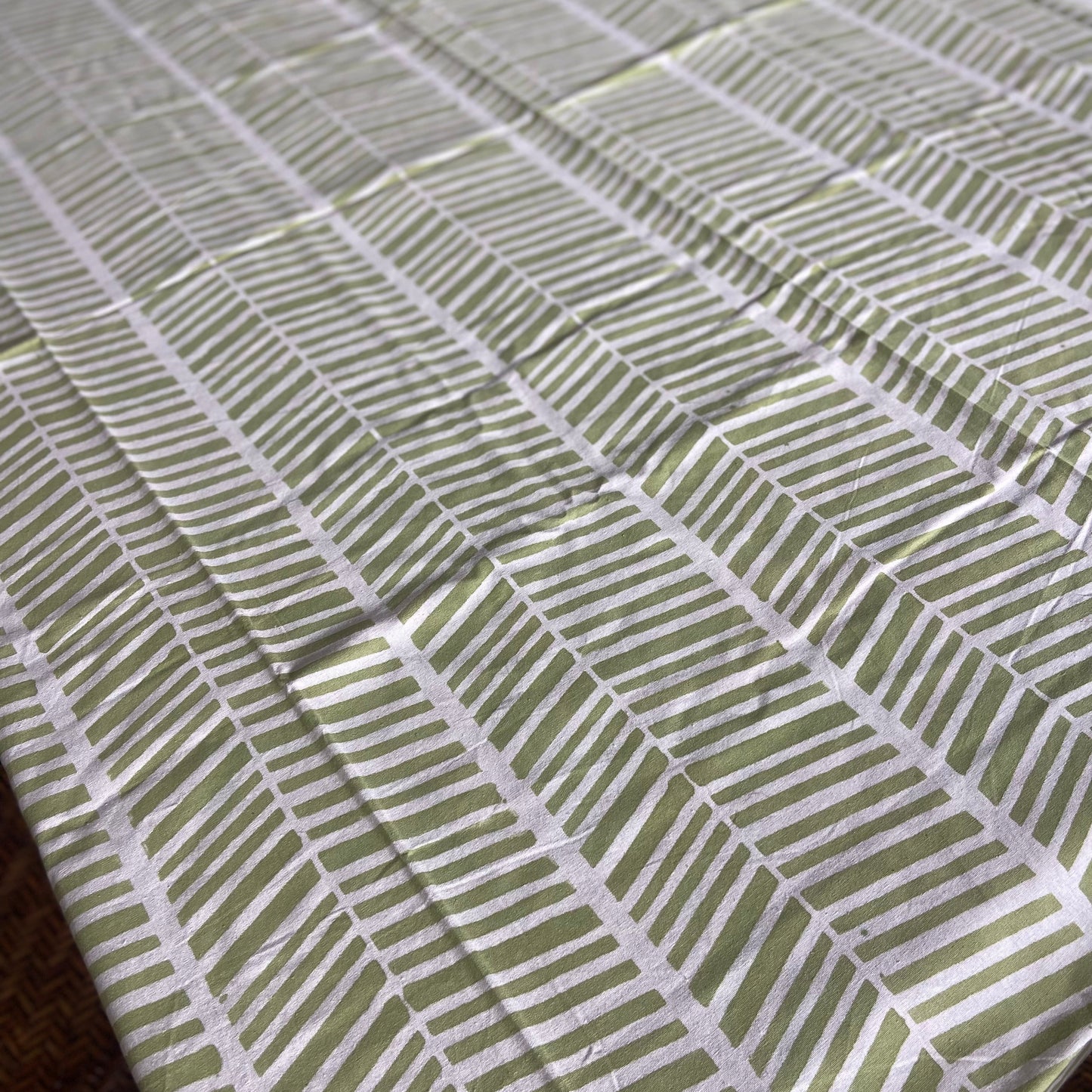 Herringbone Green and White Block Printed Cotton Tablecloth 150 X 220cm