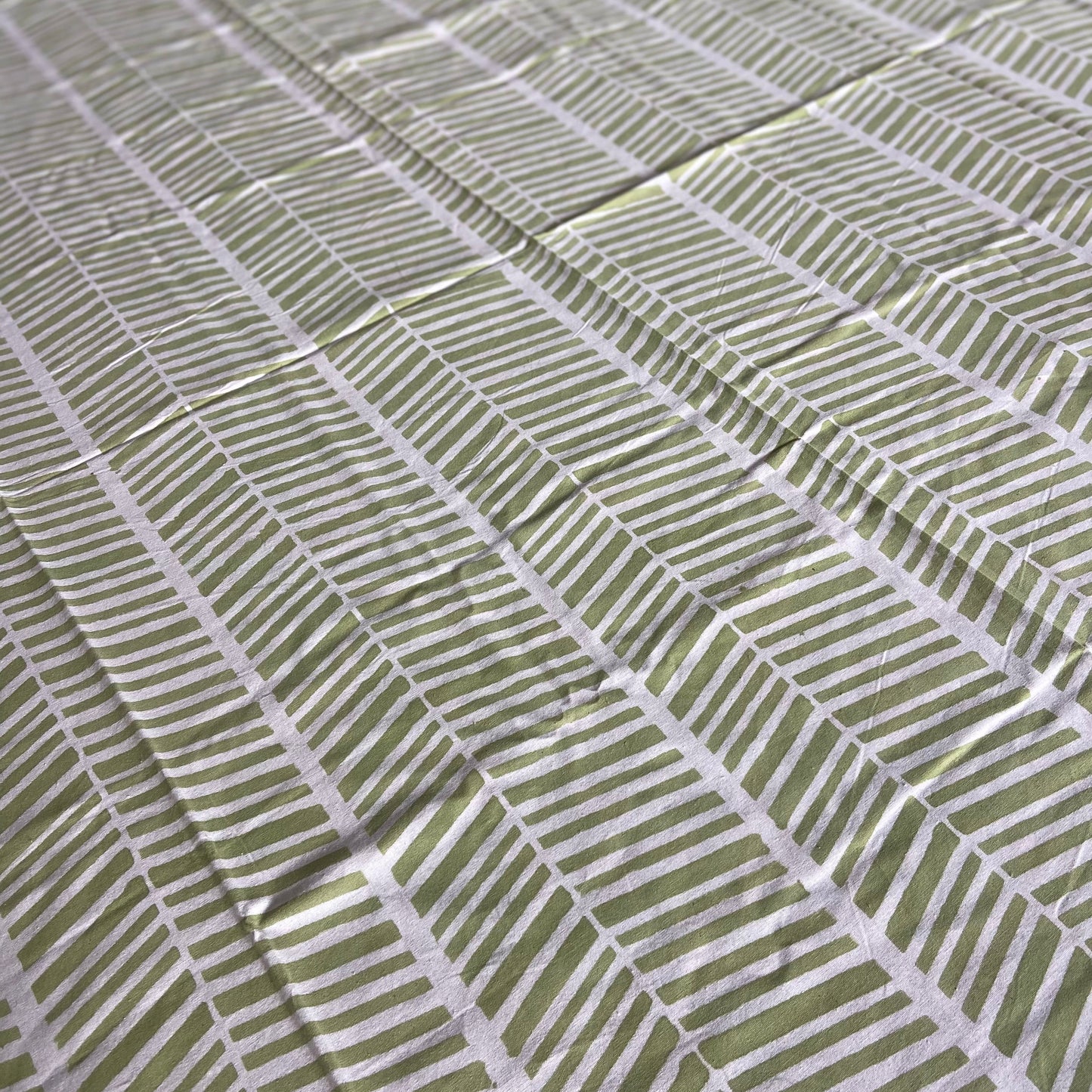 Herringbone Green and White Block Printed Cotton Tablecloth 150 X 220cm