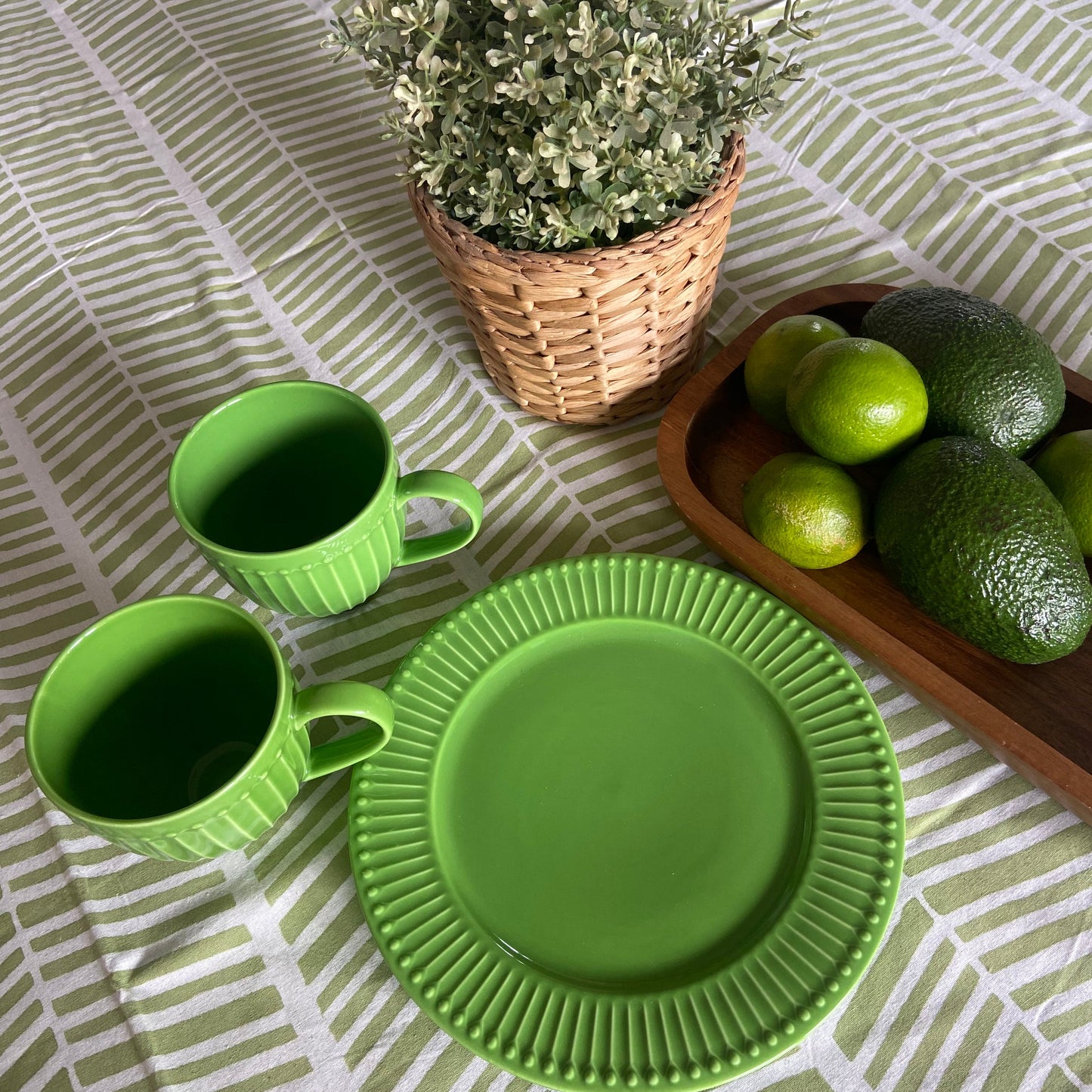 Herringbone Green and White Block Printed Cotton Tablecloth 150 X 220cm